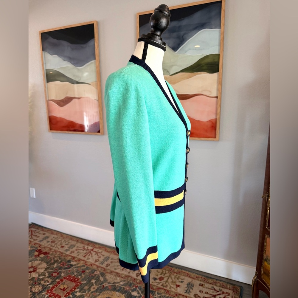St. John Collection Mint Green Knit Blazer with Navy and Yellow Trim - Picture 2 of 7